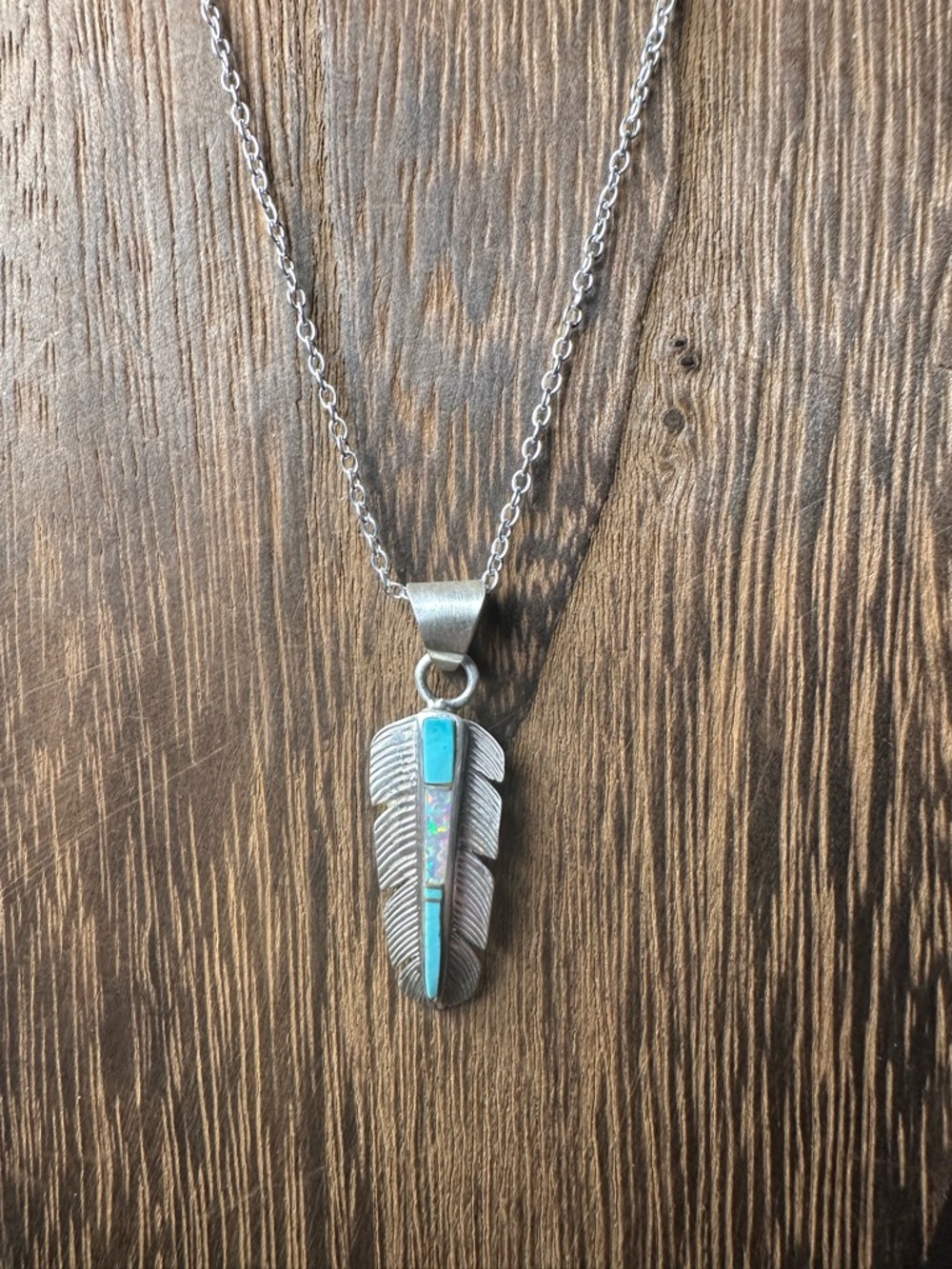 Sterling Silver Feather Pendant Necklace with Turquoise and Opal Inlay in Chain - Picture 5 of 11